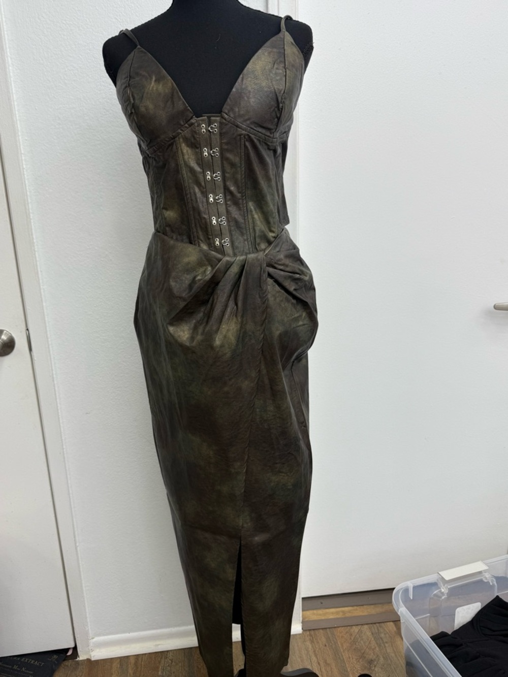 Women’s Olive-Brown Faux Leather Draped Corset Dress